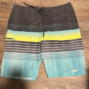 O'Neill Blue and Yellow Board Shorts with Modern Stripes